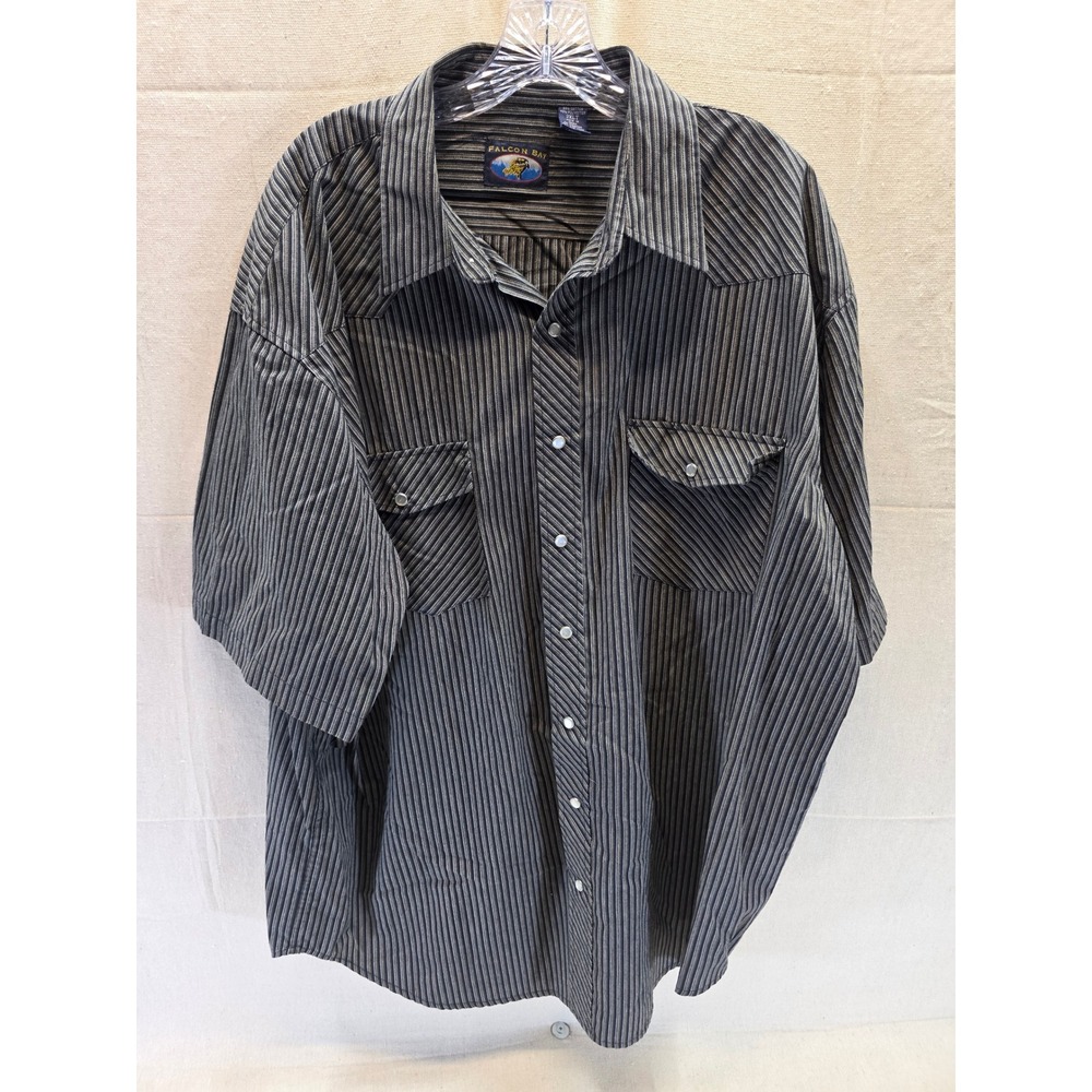 Falcon Bay Mens 2XLT Western Pearl Snap Shirt Black Grey Striped Short Sleeve